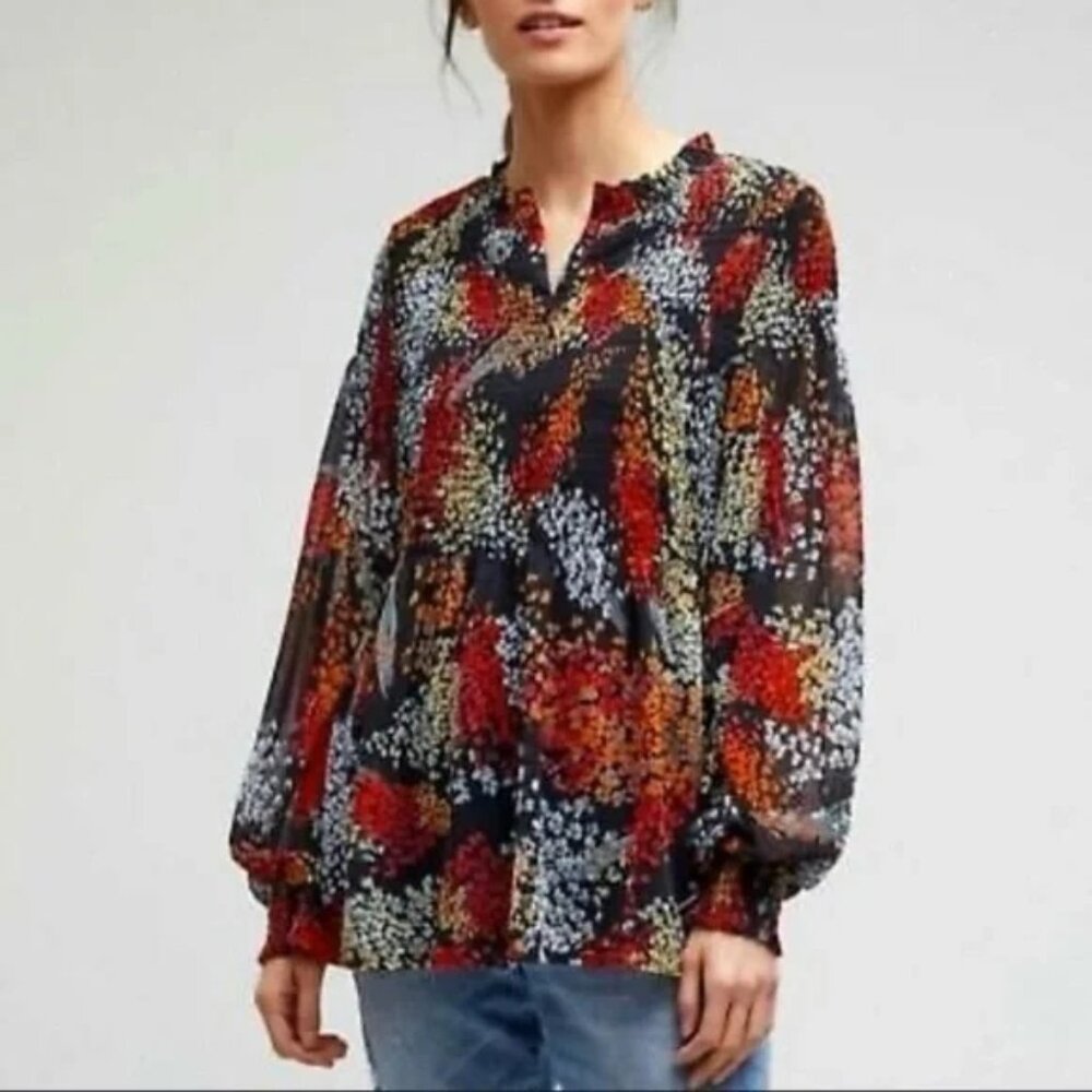 Anthropologie Akemi Kin Adria Smocked Blouse Top Sz L Boho Hippie Lined